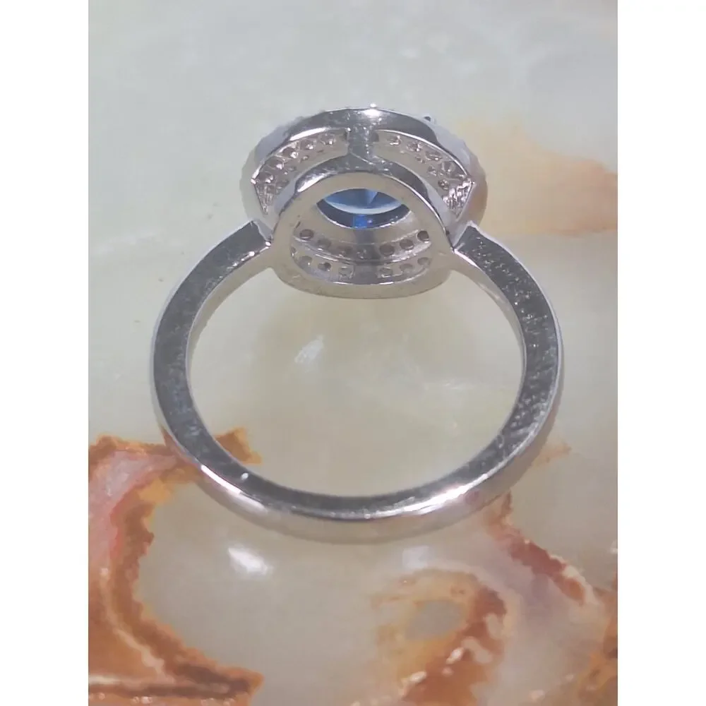 925 Sterling Silver 2.20ct Sapphire Halo Ring Round Blue Size 6.25 NIB
